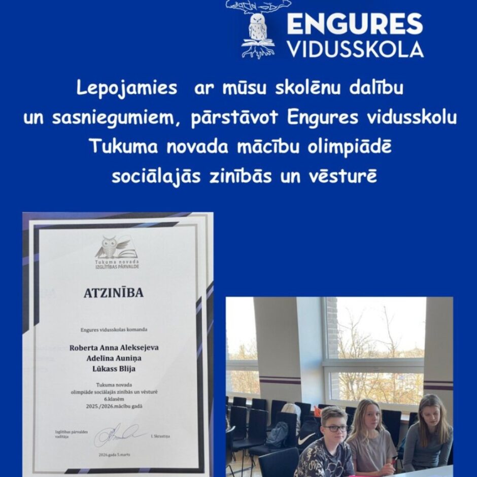 Zils plakāts ar Engures vidusskolas logo (pūce uz grāmatas) un virsrakstu: 