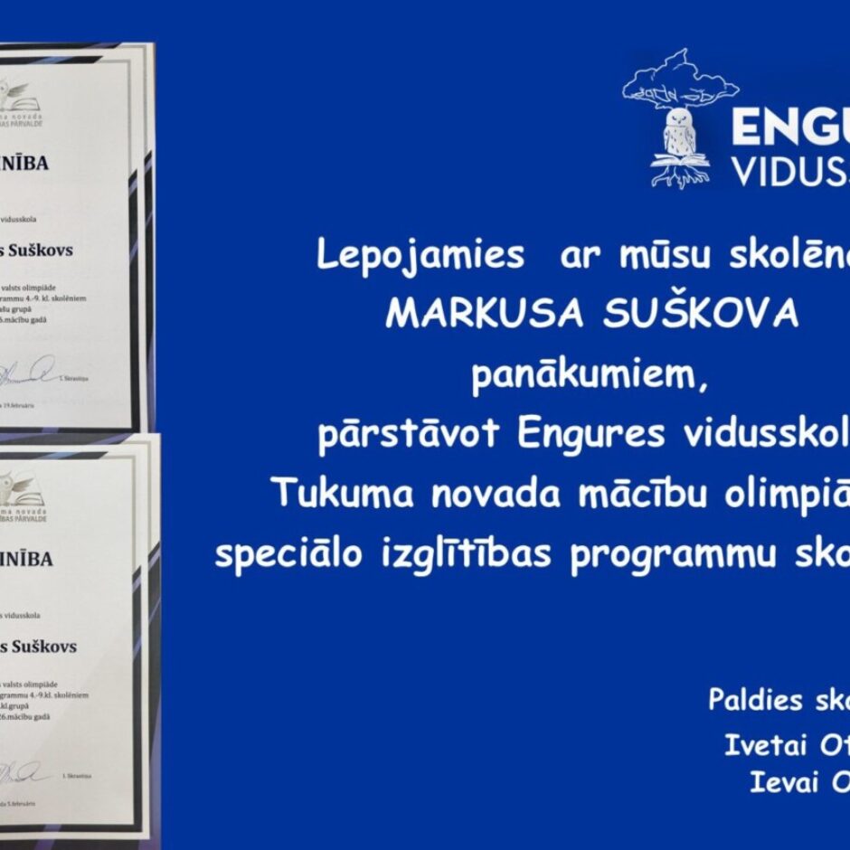 Tumši zils plakāts ar Engures Vidusskolas logo un paziņojumu: 