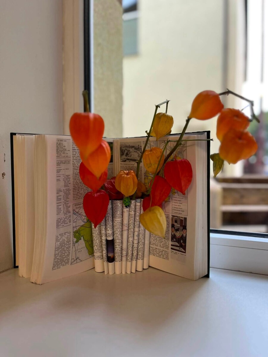 Atvērta grāmata ar sarullētām lapām, kas veido vāzi, kurā iestiprināti spilgti oranži un sarkani fizāļu zariņi. Grāmata novietota uz gaišas palodzes pie loga.